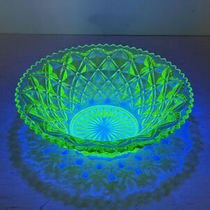 Vintage Unmarked Uranium Glass Diamond Serving Bowl Green Glows UV READ